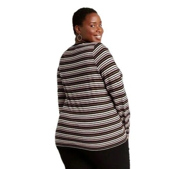 Ava & Viv Women's 1X 16W/18W Neutral Colors Striped Scoop Neck Long Sleeve Tee - Picture 3 of 8